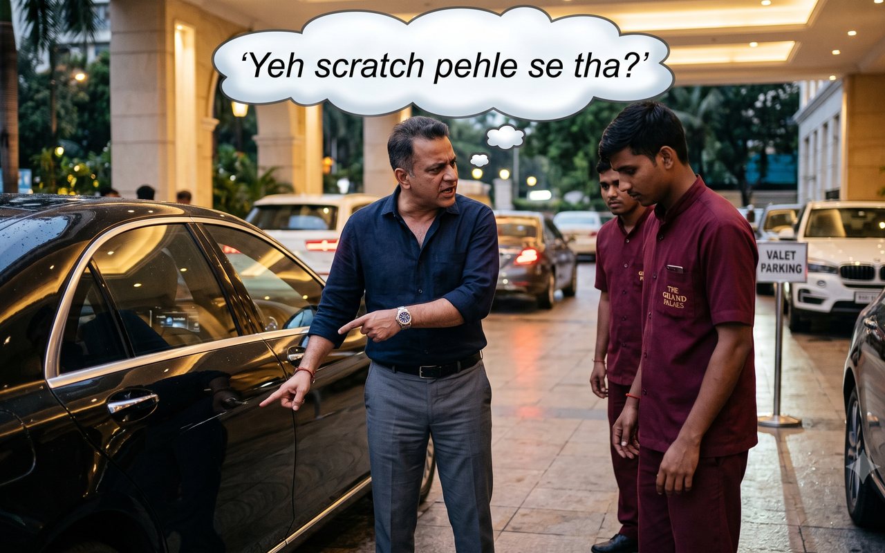 A guest pointing out a scratch on his car to two valets