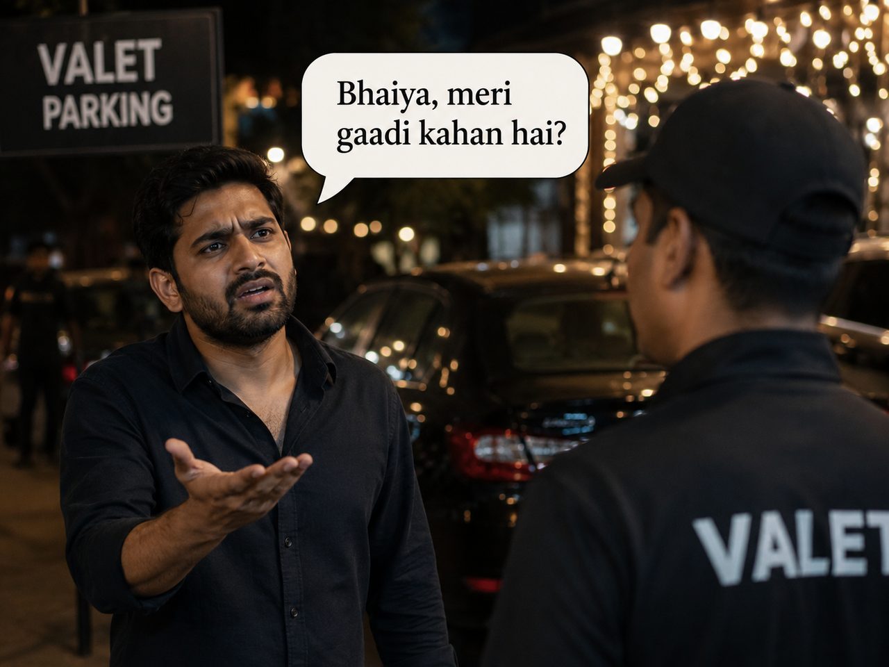 A guest at a valet stand asking the valet where his car is